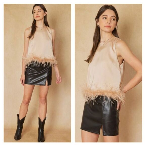 NWT Anthropologie Entro Satin Feathered Champagne Tank Size L - Picture 3 of 6